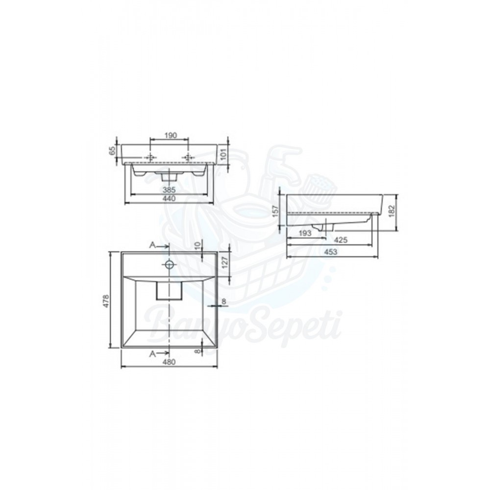 SquareWall Duvara Monte & Mobilya Uyumlu Armatür Delikli Seramik Lavabo – 48x48 cm, Beyaz
