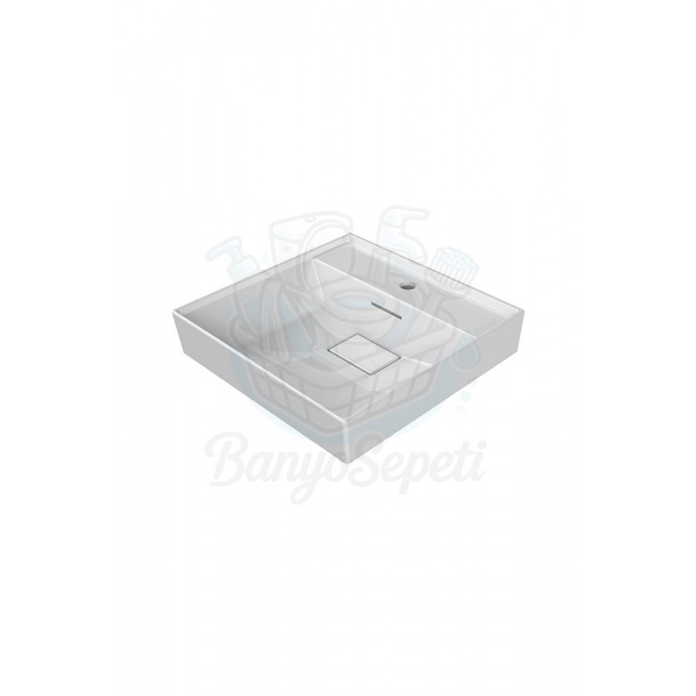 SquareWall Duvara Monte & Mobilya Uyumlu Armatür Delikli Seramik Lavabo – 48x48 cm, Beyaz