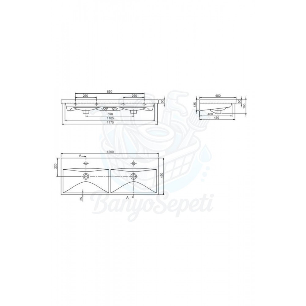 ModeraDuo Etajerli Duvara Monte & Mobilya Uyumlu Çift Armatür Delikli Seramik Lavabo 120x45 cm Beyaz