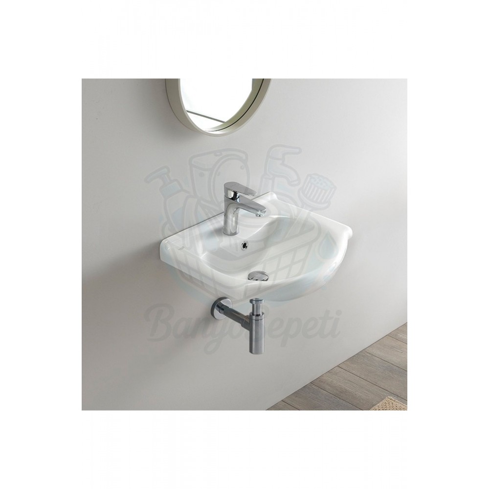 ModeraSoft Oval Etajerli Duvara Monte & Mobilya Uyumlu Seramik Lavabo – 45x43 cm, Beyaz