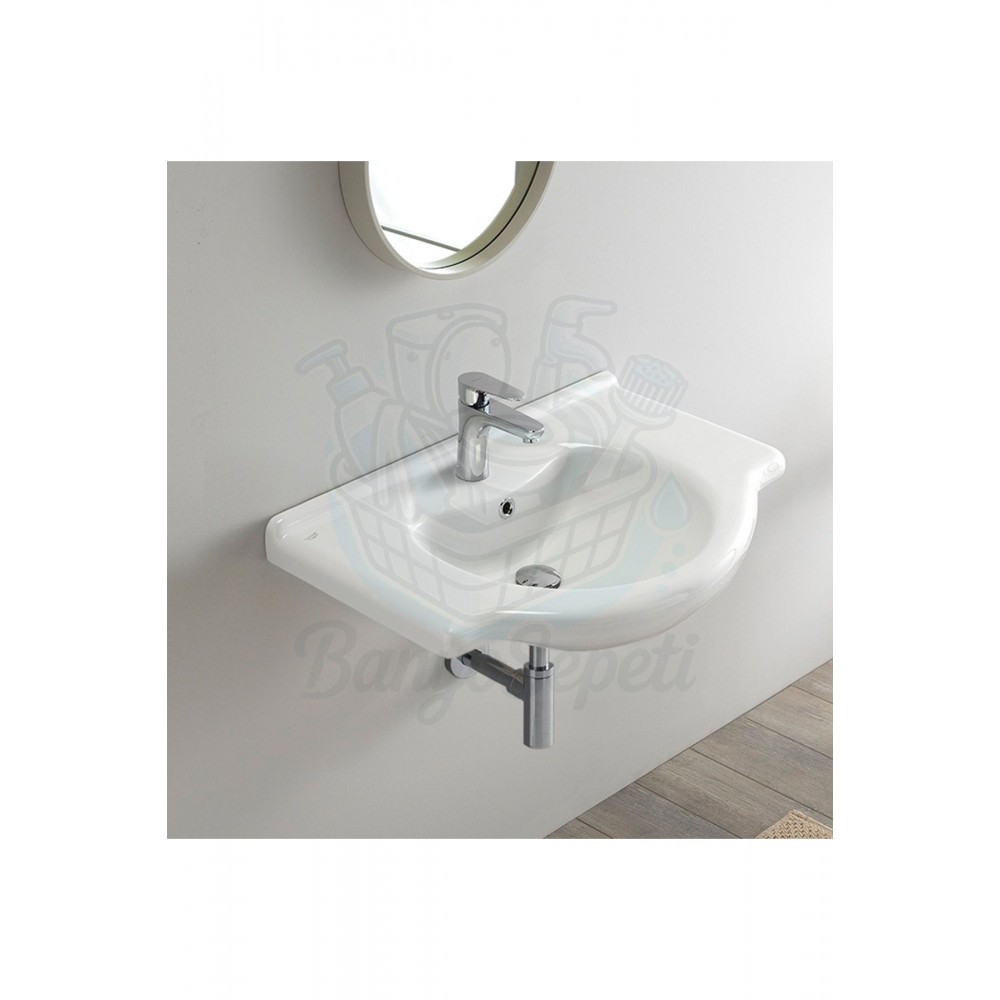 ModeraClassic Oval Etajerli Duvara Monte & Mobilya Uyumlu Seramik Lavabo – 65x50 cm, Beyaz