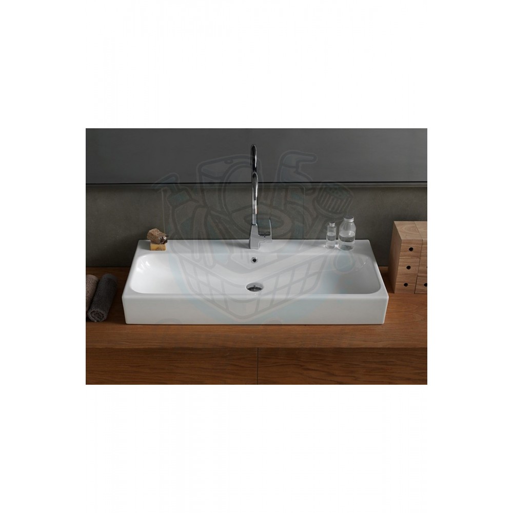 ModeraMax Etajerli Duvara Monte & Tezgah Üstü Armatür Delikli Seramik Lavabo – 75x47 cm, Beyaz
