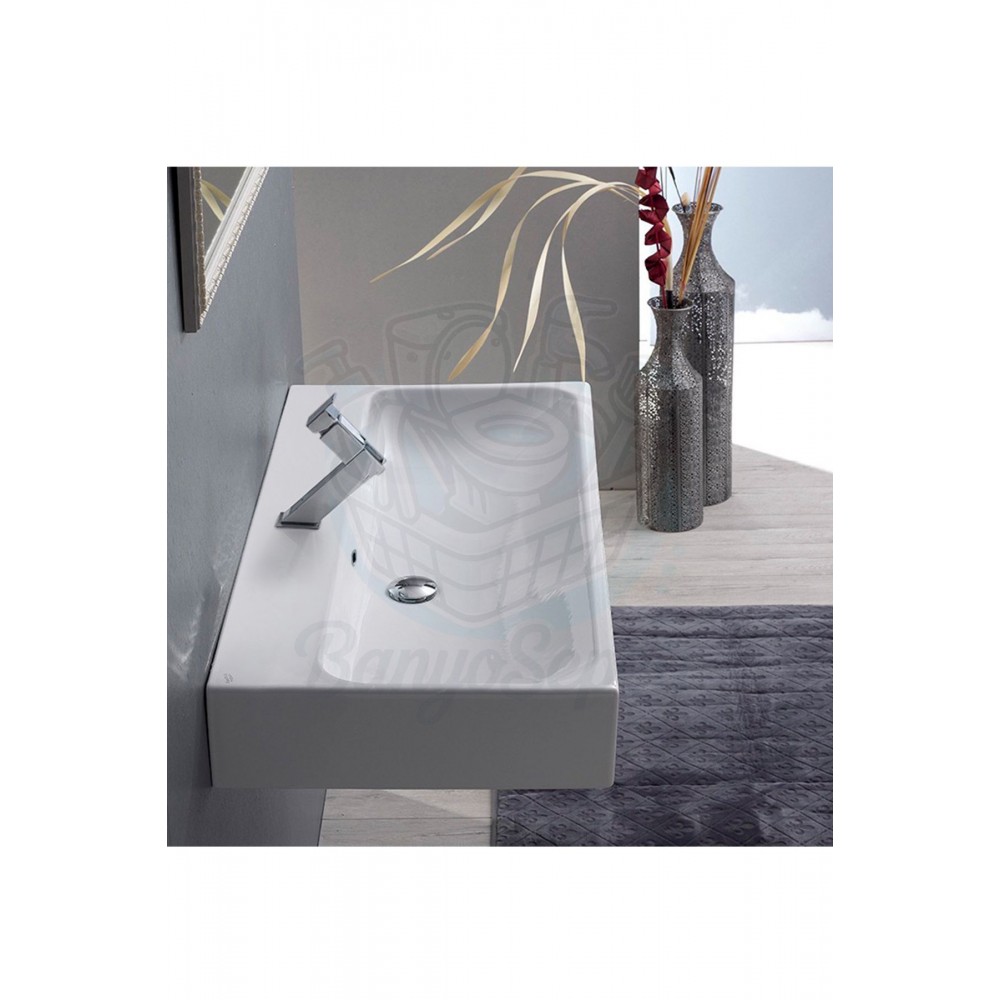 ModeraUltra Etajerli Duvara Monte & Tezgah Üstü Armatür Delikli Seramik Lavabo – 100x47 cm, Beyaz