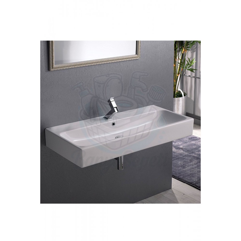 ModeraUltra Etajerli Duvara Monte & Tezgah Üstü Armatür Delikli Seramik Lavabo – 100x47 cm, Beyaz