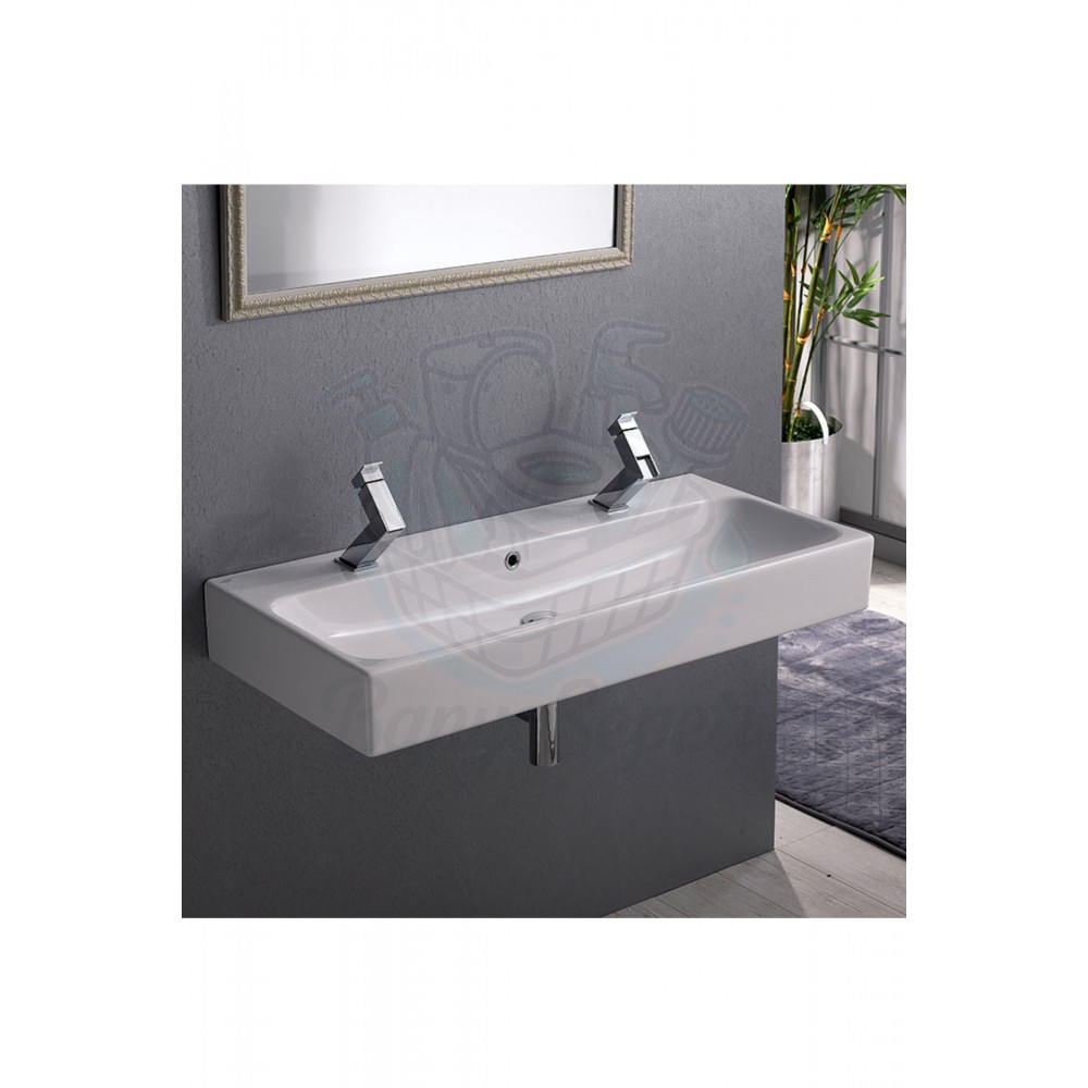 ModeraDuo Etajerli Duvara Monte & Tezgah Üstü Çift Armatür Delikli Çift Hazneli Lavabo 100x47 cm