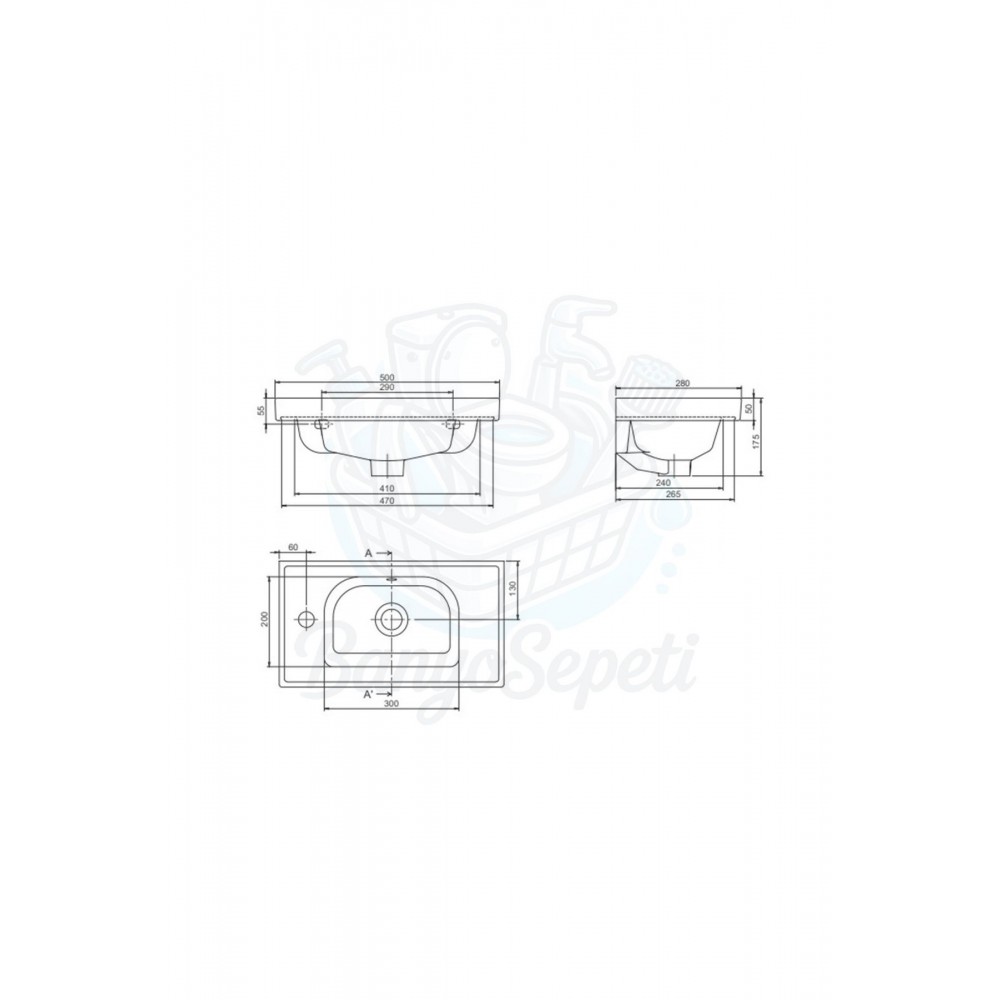 SmartRight Etajerli Duvara Monte & Dolap Uyumlu Armatür Deliği Sağda Seramik Lavabo – 50x28 cm