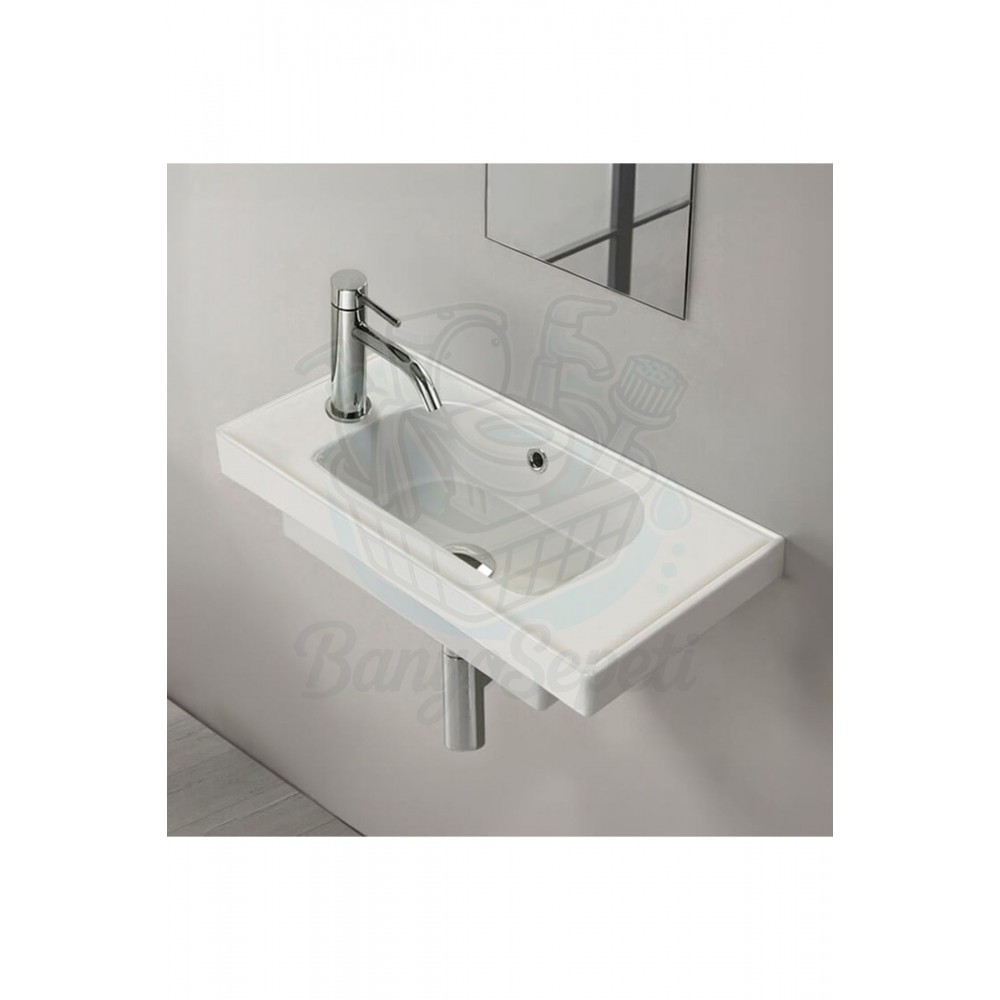 SmartLeft Etajerli Duvara Monte & Dolap Uyumlu Armatür Deliği Solda Seramik Lavabo – 50x28 cm, Beyaz