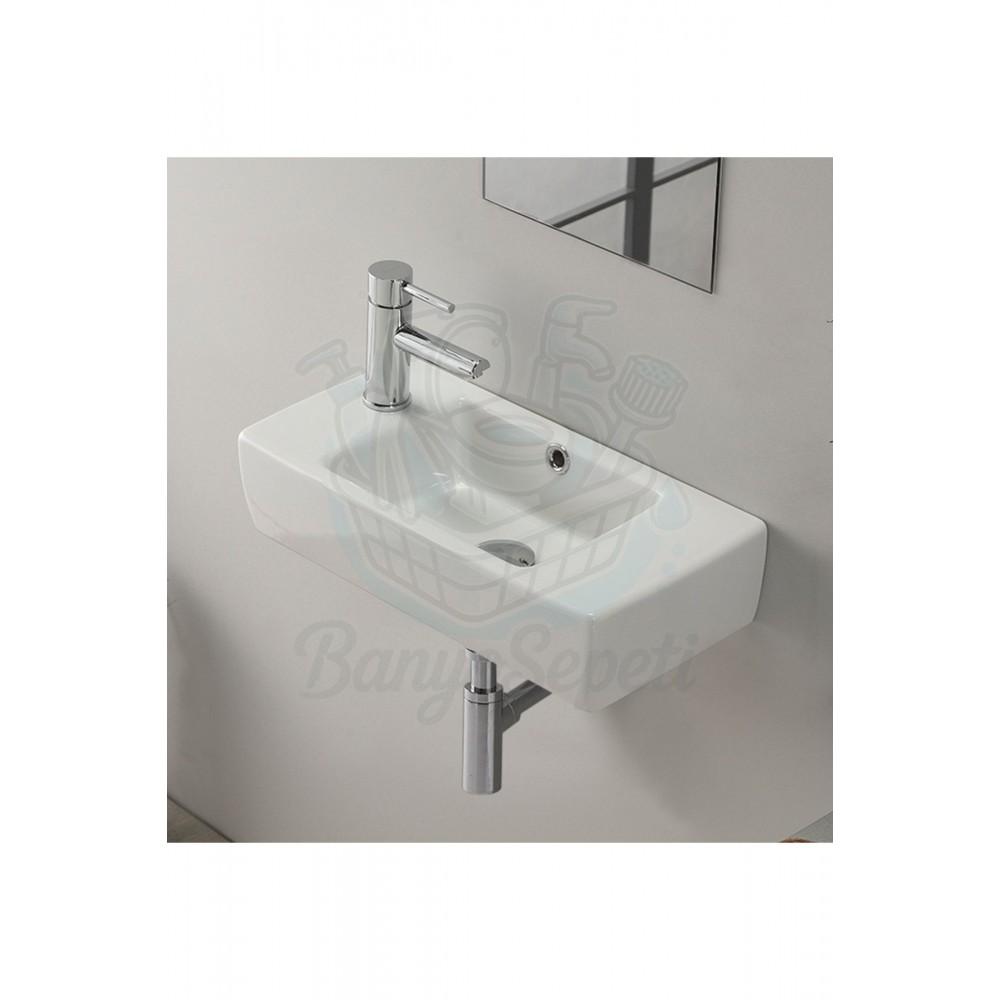 SmartLeft Duvara Monte & Dolap Uyumlu Armatür Deliği Solda Seramik Lavabo – 50x25 cm, Beyaz