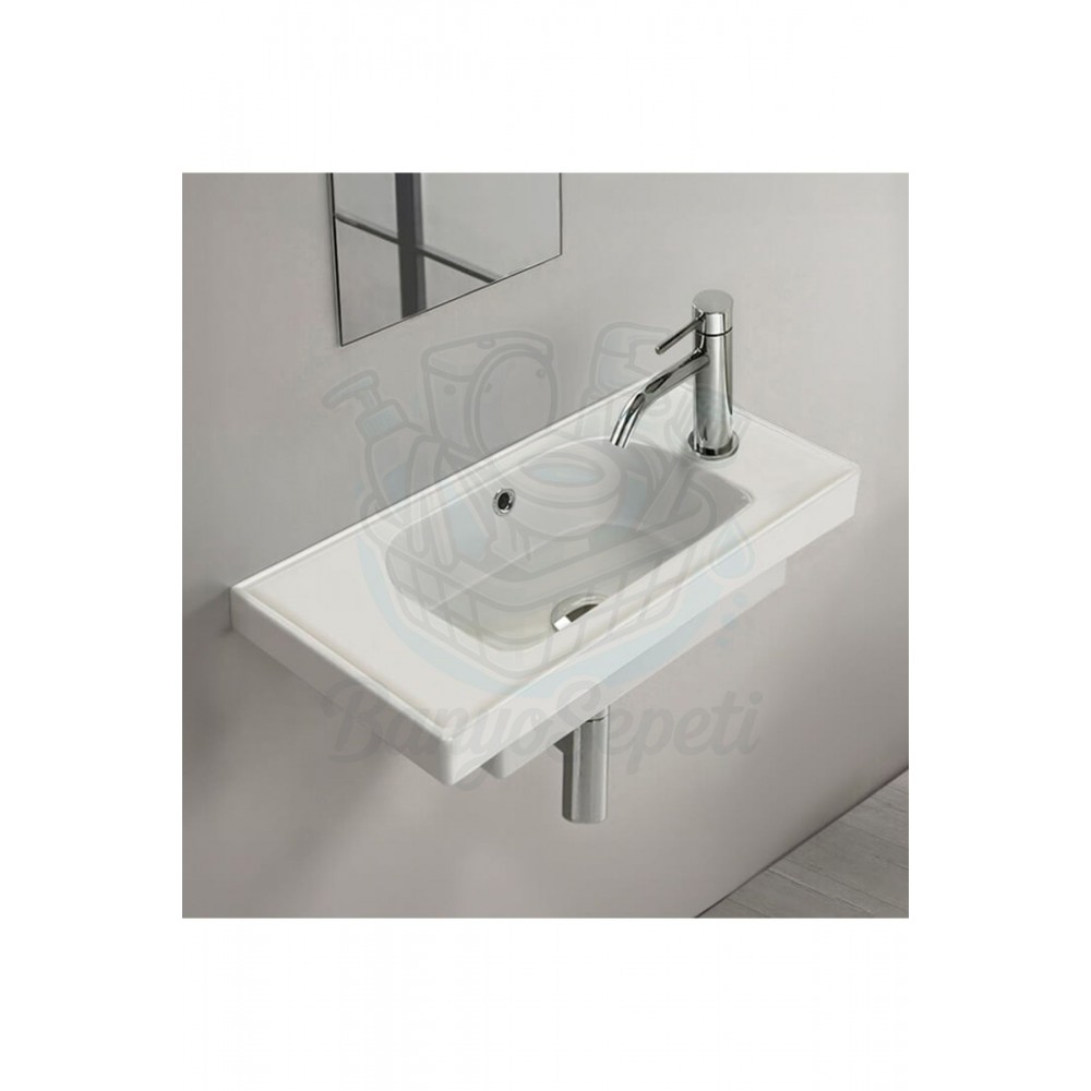SmartRight Etajerli Duvara Monte & Dolap Uyumlu Armatür Deliği Sağda Seramik Lavabo – 50x28 cm