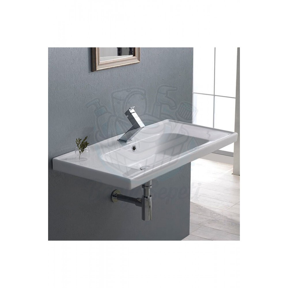 ModeraPlus Yarı Gömme Etajerli Duvara Monte & Mobilya Uyumlu Armatür Delikli Lavabo – 80x45 cm