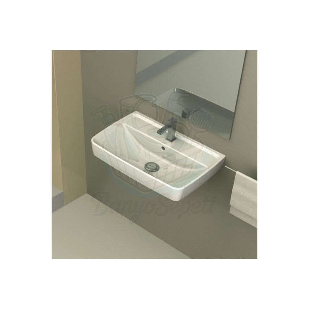 VersaWall Duvara Monte & Mobilya Uyumlu Armatür Delikli Seramik Lavabo – 60x40 cm, Beyaz