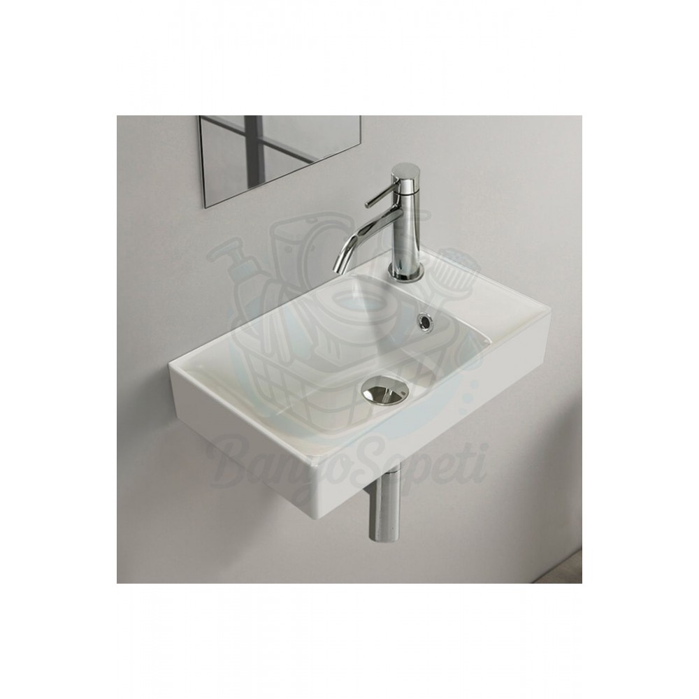 ModeraSlim Etajerli Duvara Monte & Mobilya Uyumlu Seramik Lavabo – 50x30 cm, Beyaz