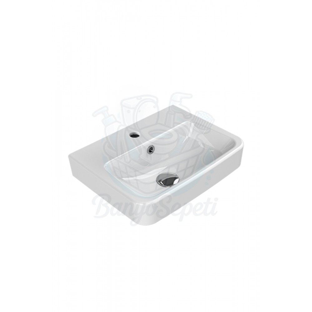 VersaMini Duvara Monte & Kolon ve Yarım Ayak Uyumlu Armatür Delikli Seramik Lavabo – 45x35 cm, Beyaz