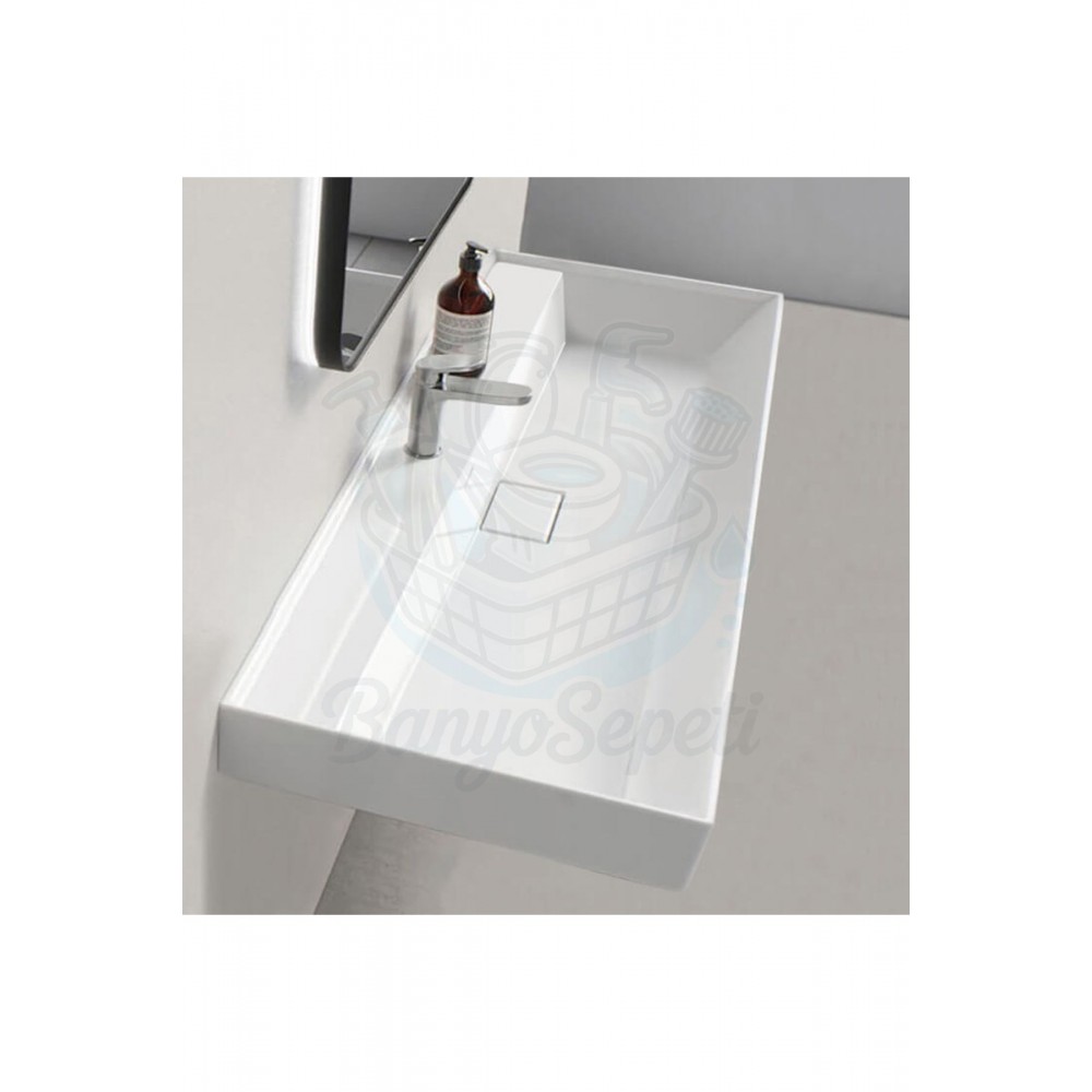 ModeraGrand Etajerli Duvara Monte & Mobilya Uyumlu Armatür Delikli Seramik Lavabo – 100x48 cm, Beyaz