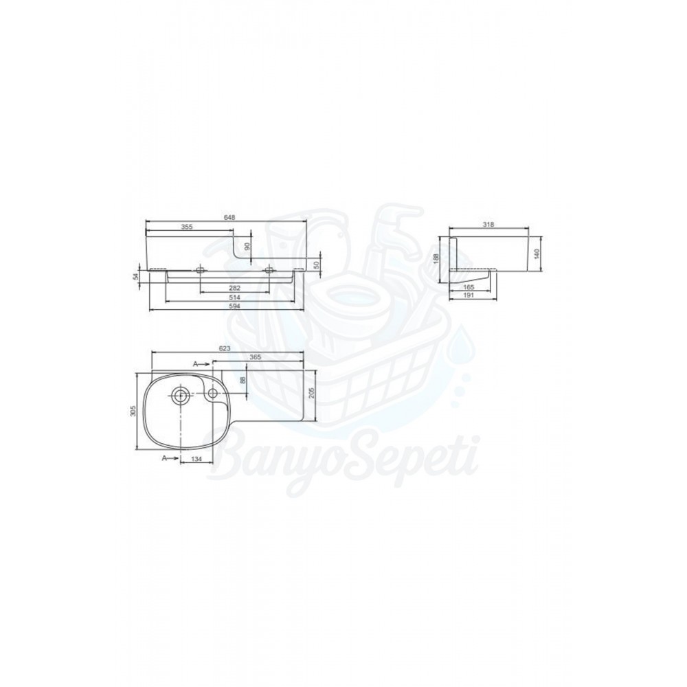 ModeraLeft Etajerli Duvara Monte Seramik Lavabo – 65x32 cm, Beyaz