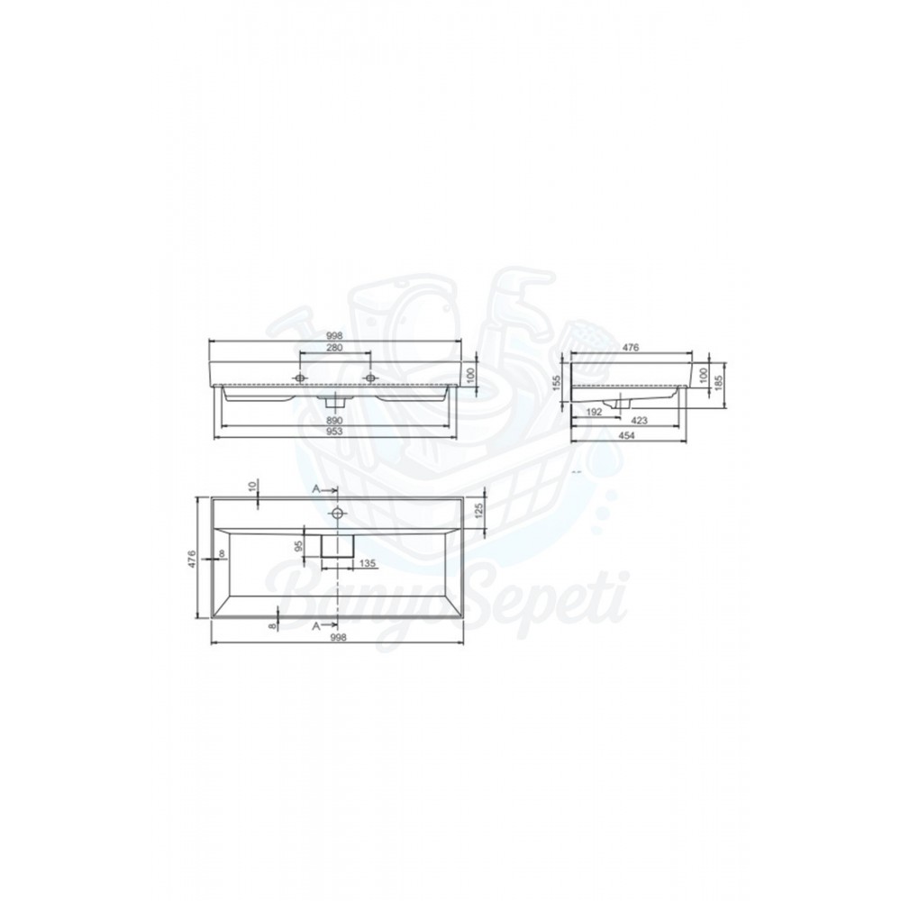 ModeraGrand Etajerli Duvara Monte & Mobilya Uyumlu Armatür Delikli Seramik Lavabo – 100x48 cm, Beyaz