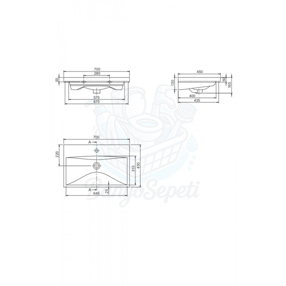 ModeraPrime Etajerli Duvara Monte & Mobilya Uyumlu Armatür Delikli Seramik Lavabo – 70x45 cm, Beyaz