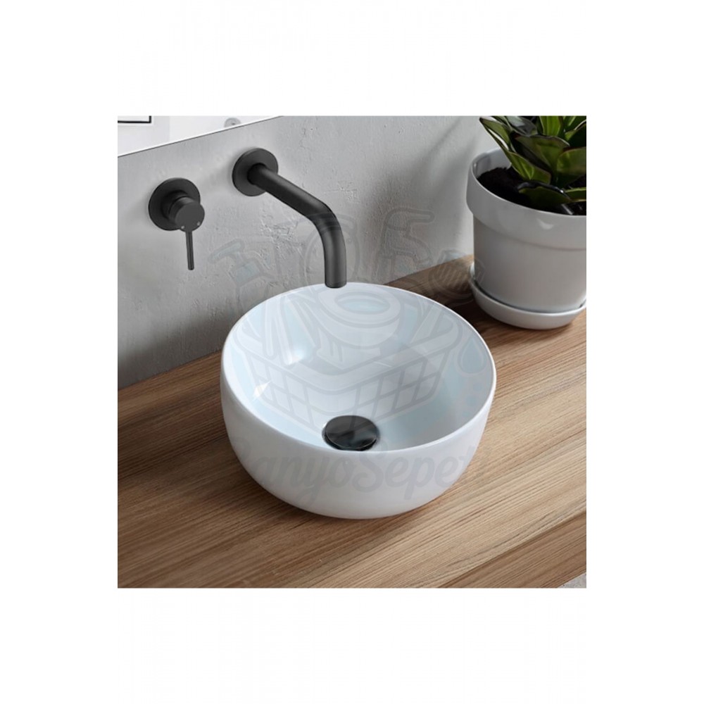ModeraSphere Tezgah Üstü Yuvarlak Armatür Delikli Seramik Lavabo – 33x33 cm, Beyaz