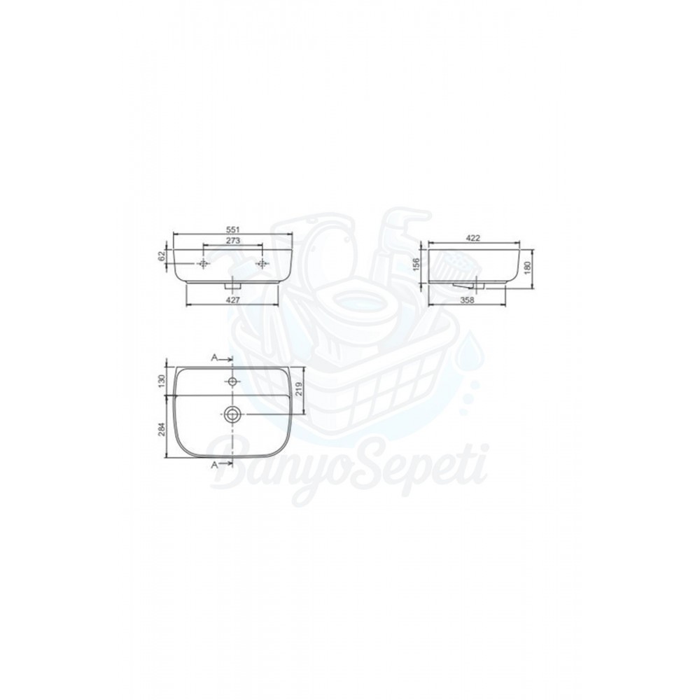 ModeraFlex Armatür Delikli Duvara Monte & Tezgah Üstü Seramik Lavabo – 55x42 cm, Beyaz