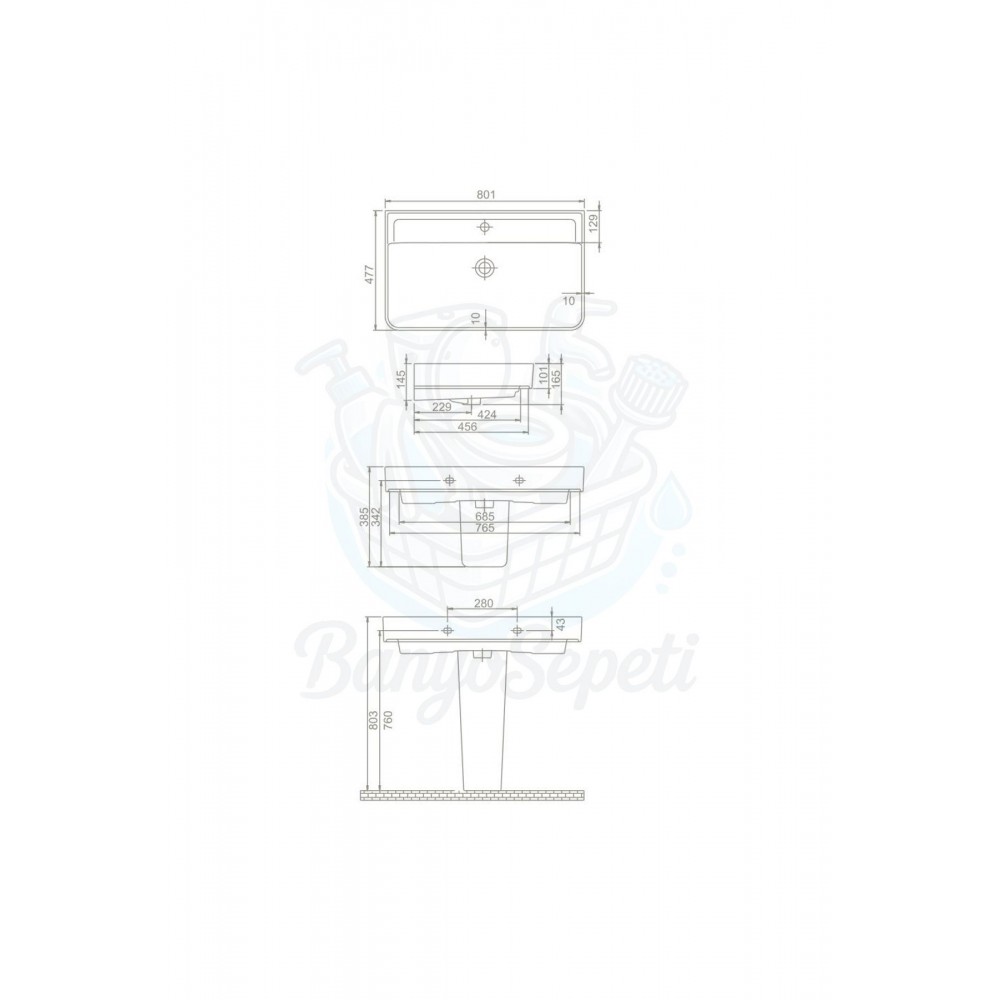 ModeraGrand Armatür Delikli Duvara Monte & Mobilya Uyumlu Seramik Lavabo – 80x48 cm, Beyaz