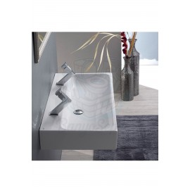 ModeraDuo Etajerli Duvara Monte & Tezgah Üstü Çift Armatür Delikli Çift Hazneli Lavabo 100x47 cm