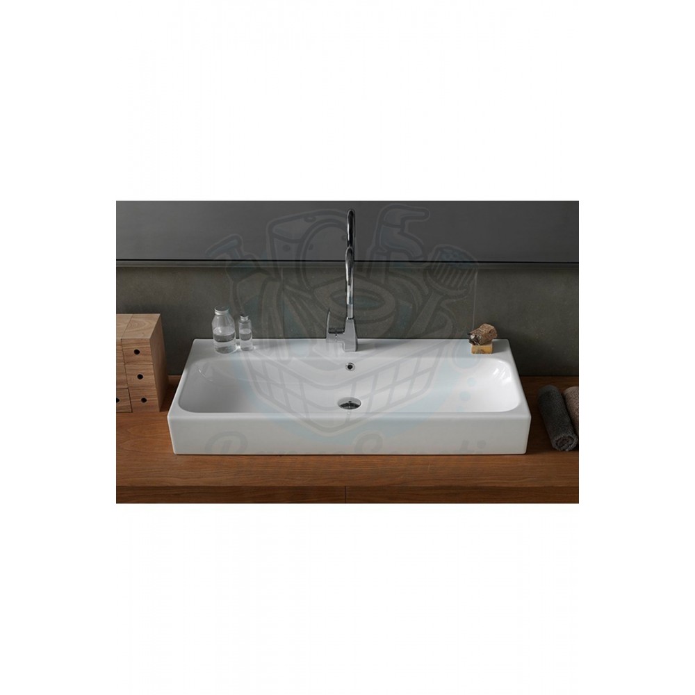 ModeraUltra Etajerli Duvara Monte & Tezgah Üstü Armatür Delikli Seramik Lavabo – 100x47 cm, Beyaz
