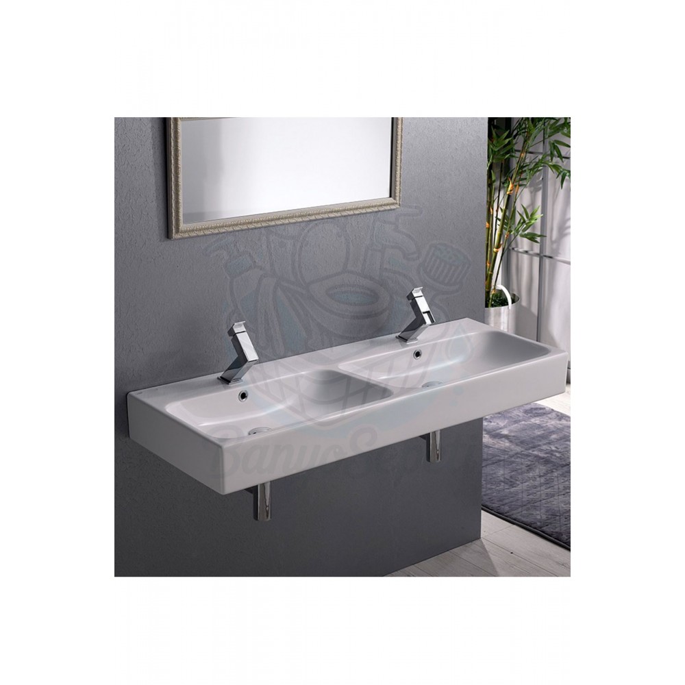 ModeraDuo+ Etajerli Duvara Monte & Tezgah Üstü Çift Armatür Delikli Çift Hazneli Lavabo – 120x47 cm