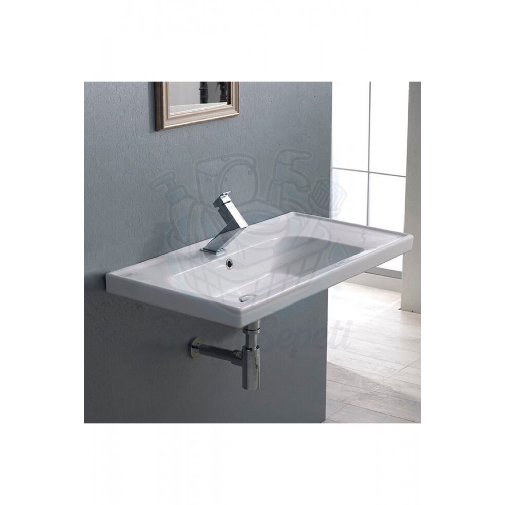 ModeraMax Etajerli Duvara Monte & Mobilya Uyumlu Armatür Delikli Seramik Lavabo – 70x45 cm, Beyaz