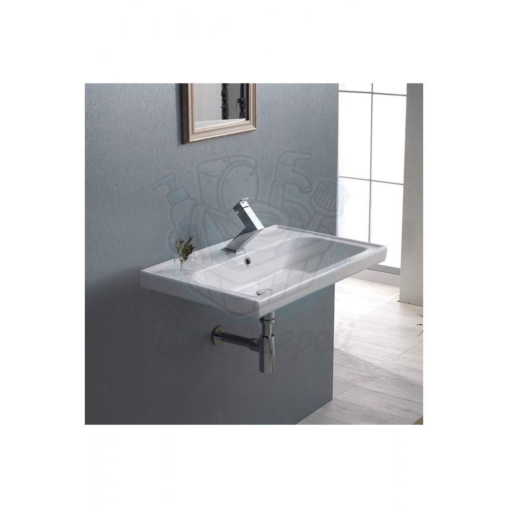 ModeraPlus Etajerli Duvara Monte & Mobilya Uyumlu Armatür Delikli Seramik Lavabo – 60x45 cm, Beyaz