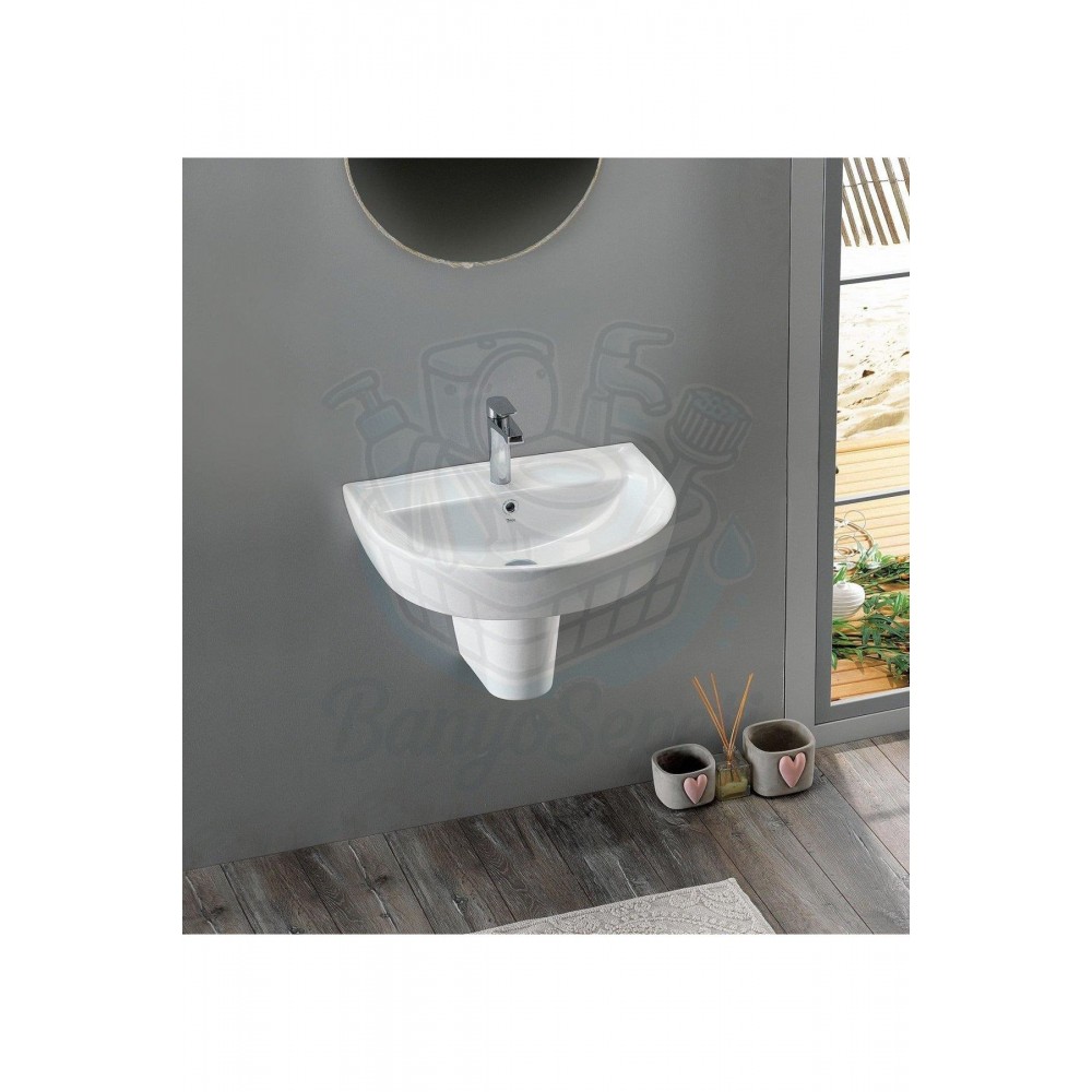 GrandWall Duvara Monte Armatür Delikli Seramik Lavabo – 60x50 cm, Beyaz