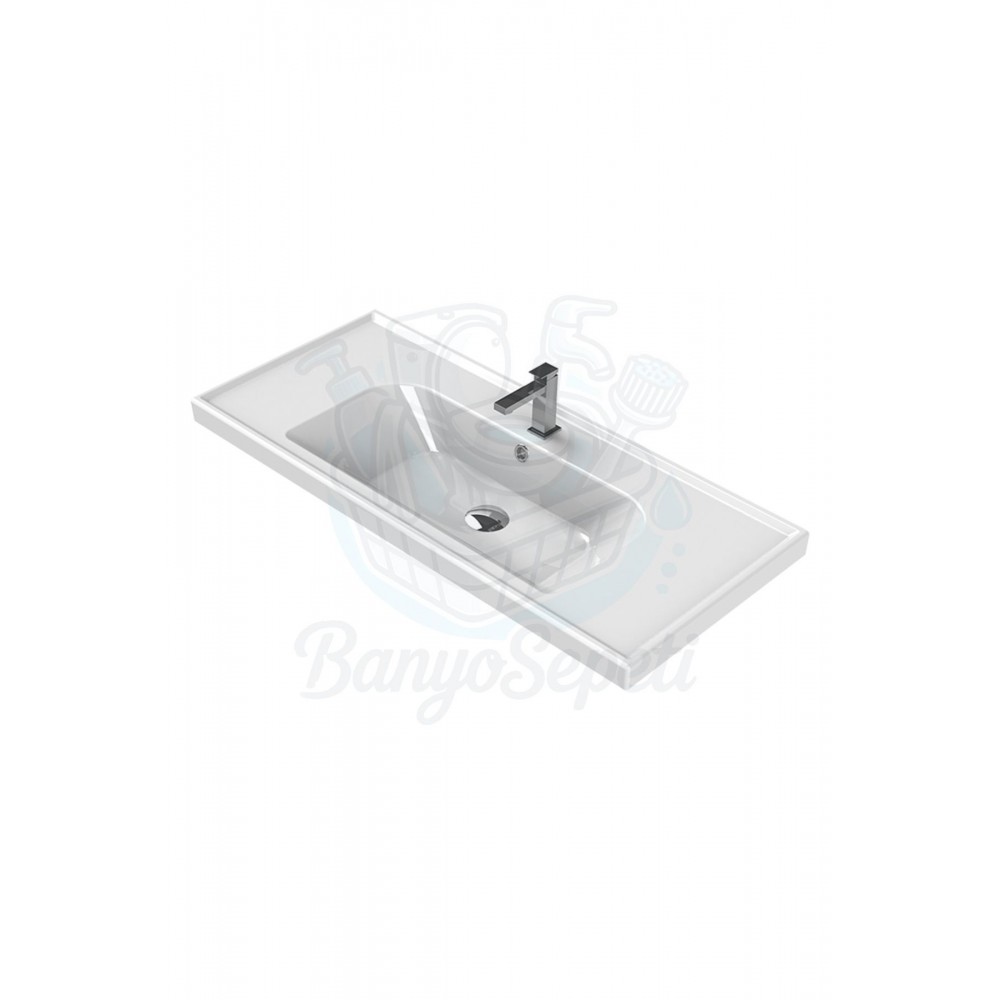 ModeraGrand Etajerli Duvara Monte & Mobilya Uyumlu Armatür Delikli Seramik Lavabo – 100x45 cm, Beyaz