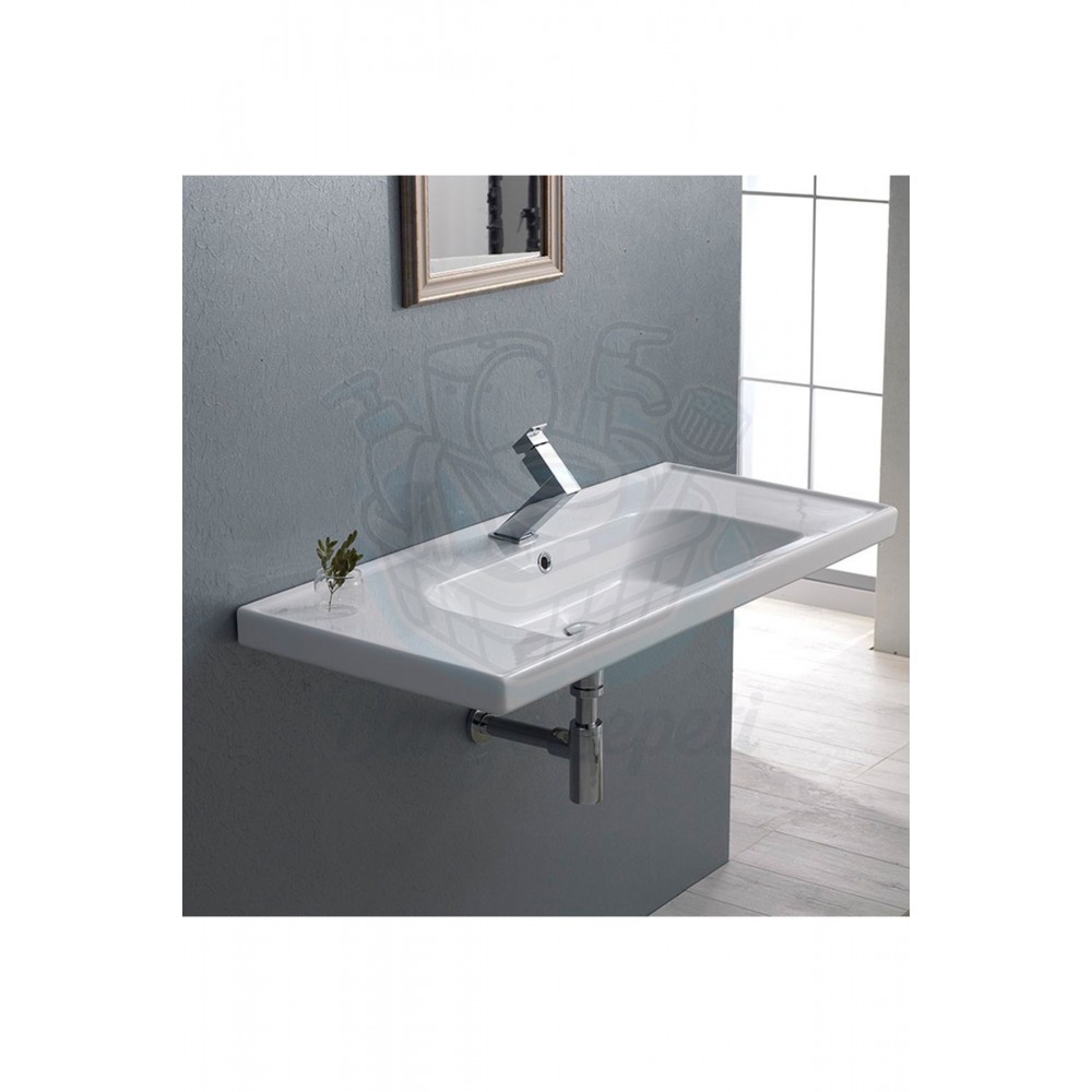 ModeraGrand Etajerli Duvara Monte & Mobilya Uyumlu Armatür Delikli Seramik Lavabo – 100x45 cm, Beyaz