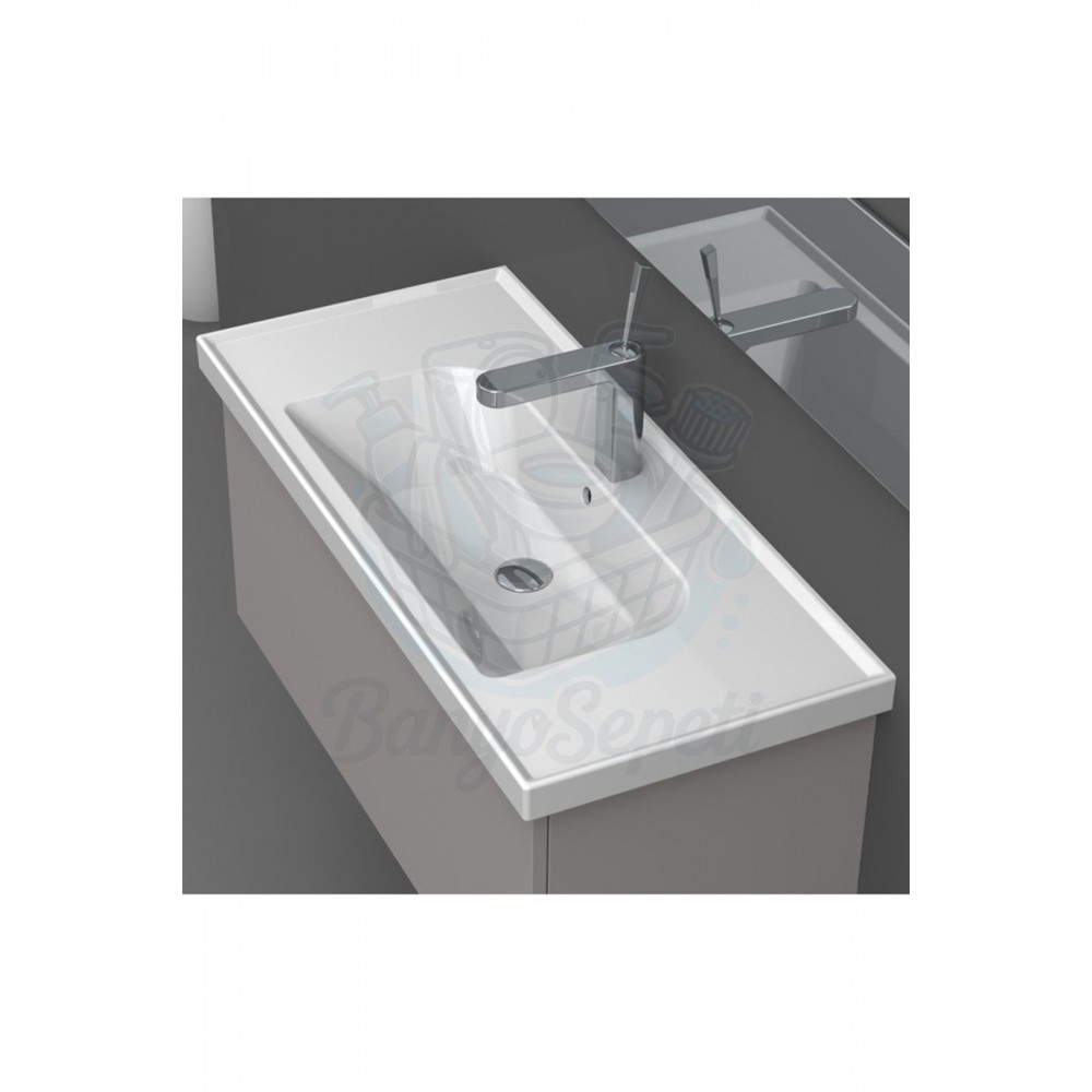 ModeraGrand Etajerli Duvara Monte & Mobilya Uyumlu Armatür Delikli Seramik Lavabo – 100x45 cm, Beyaz