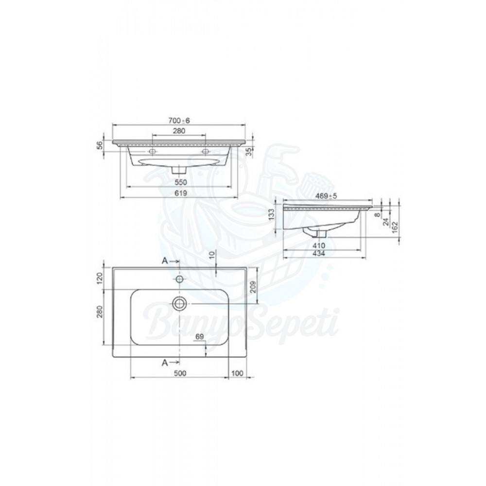 ModeraPlus Etajerli Duvara Monte & Mobilya Uyumlu Armatür Delikli Seramik Lavabo – 70x47 cm, Beyaz
