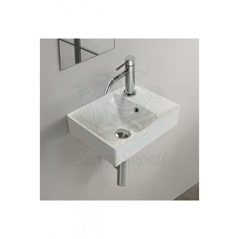 ModeraMini Etajerli Duvara Monte & Mobilya Uyumlu Seramik Lavabo – 40x30 cm, Beyaz