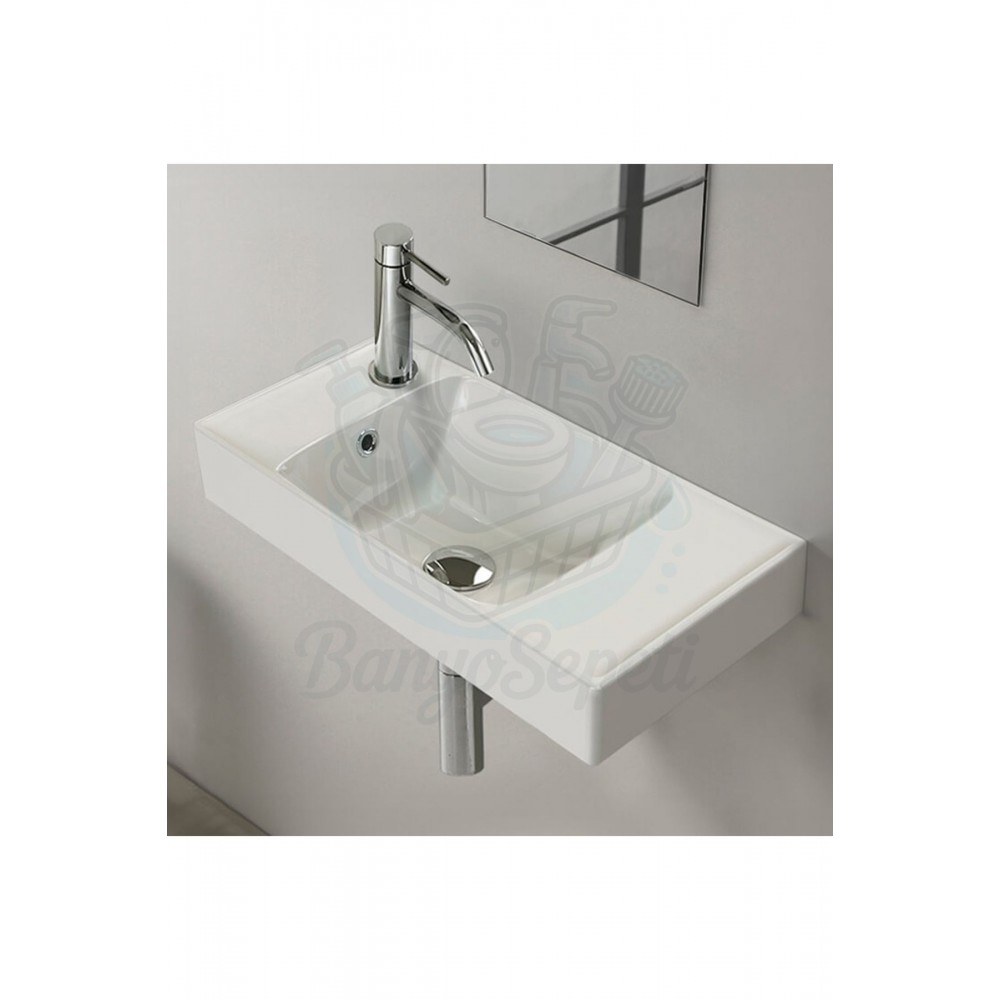 ModeraLeft Etajerli Duvara Monte & Mobilya Uyumlu Seramik Lavabo – 60x30 cm, Beyaz