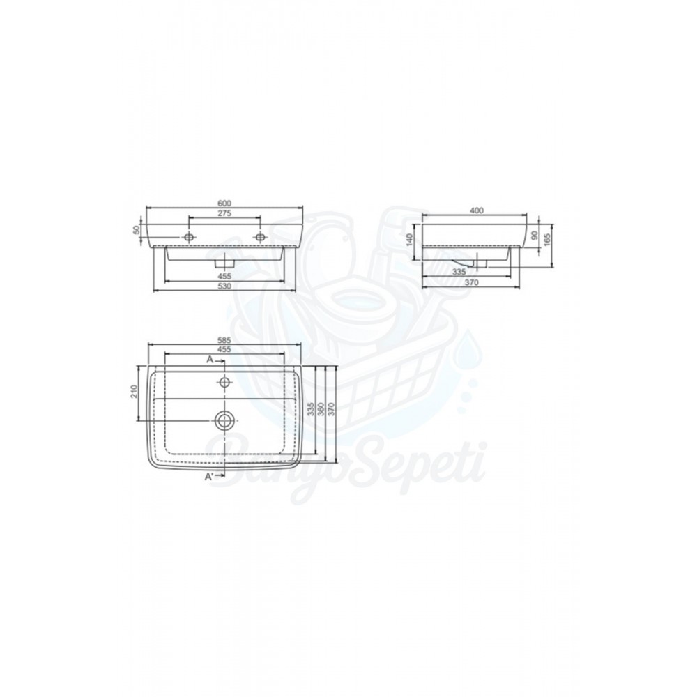 VersaWall Duvara Monte & Mobilya Uyumlu Armatür Delikli Seramik Lavabo – 60x40 cm, Beyaz