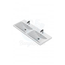 ModeraDuo Etajerli Duvara Monte & Mobilya Uyumlu Çift Armatür Delikli Seramik Lavabo 120x45 cm Beyaz