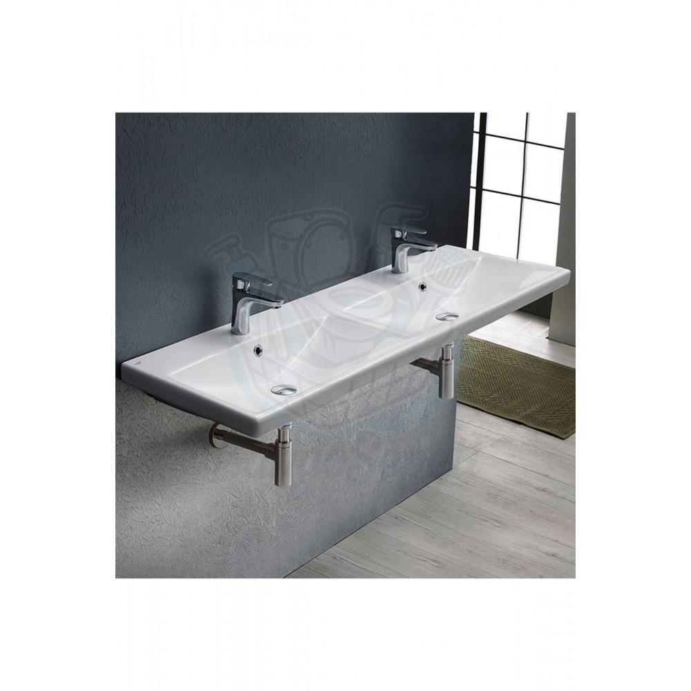 ModeraDuo Etajerli Duvara Monte & Mobilya Uyumlu Çift Armatür Delikli Seramik Lavabo 120x45 cm Beyaz