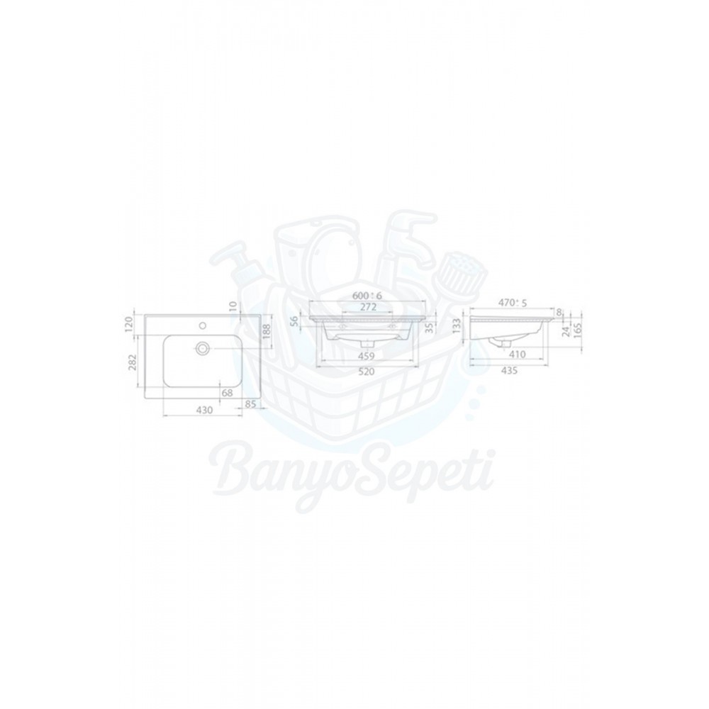 ModeraPrime Etajerli Duvara Monte & Mobilya Uyumlu Armatür Delikli Seramik Lavabo – 60x47 cm, Beyaz