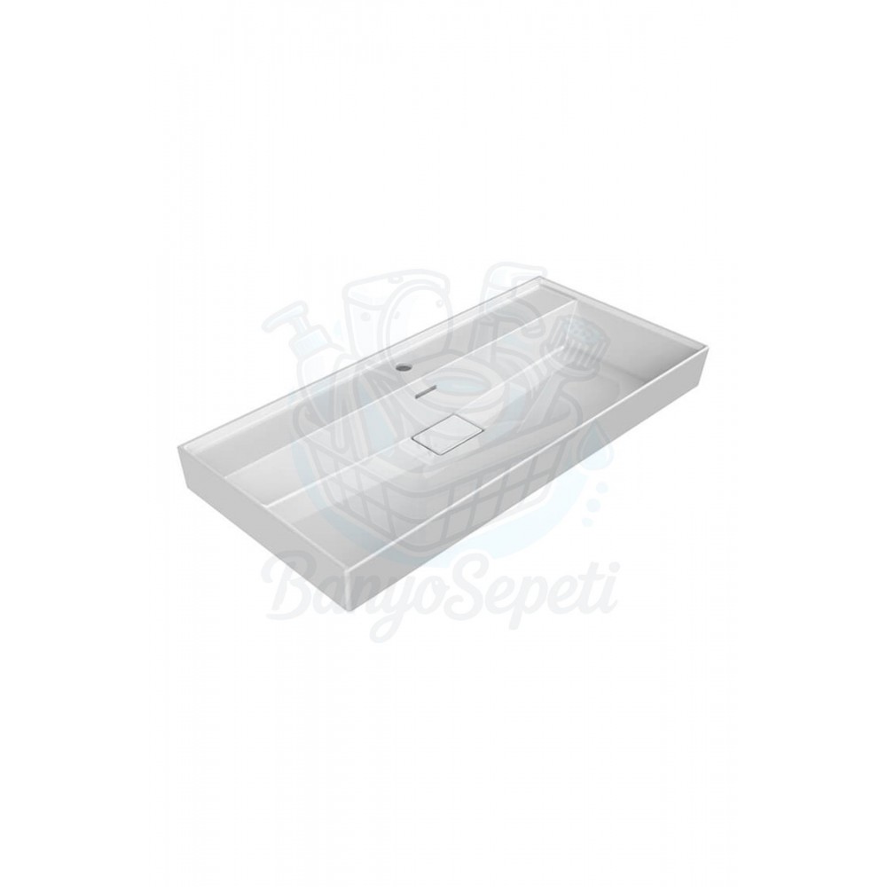 ModeraGrand Etajerli Duvara Monte & Mobilya Uyumlu Armatür Delikli Seramik Lavabo – 100x48 cm, Beyaz