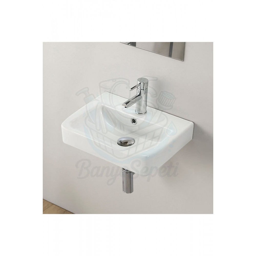 VersaMini Duvara Monte & Kolon ve Yarım Ayak Uyumlu Armatür Delikli Seramik Lavabo – 45x35 cm, Beyaz