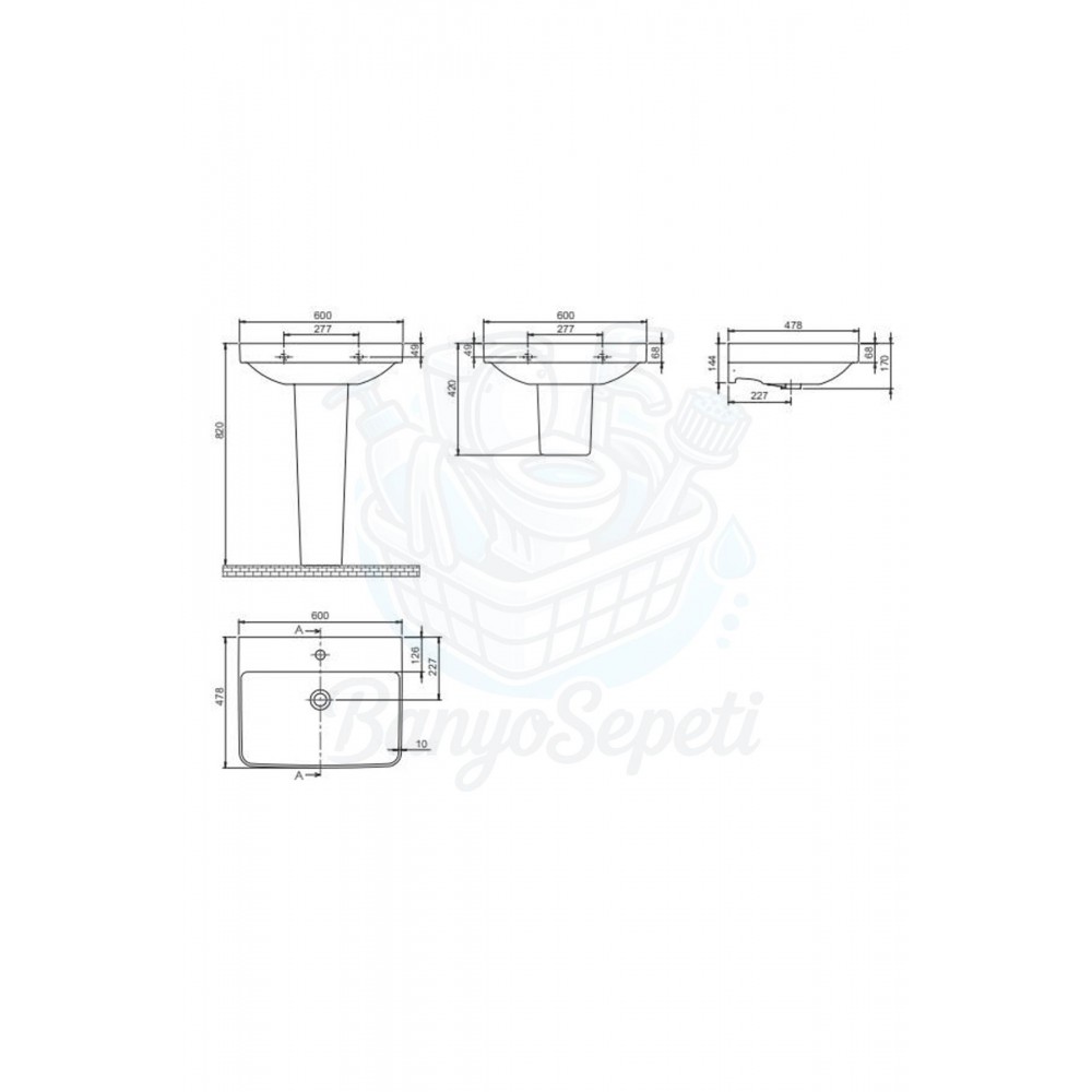 ModeraFit Armatür Delikli Duvara Monte & Mobilya Uyumlu Seramik Lavabo – 60x48 cm, Beyaz