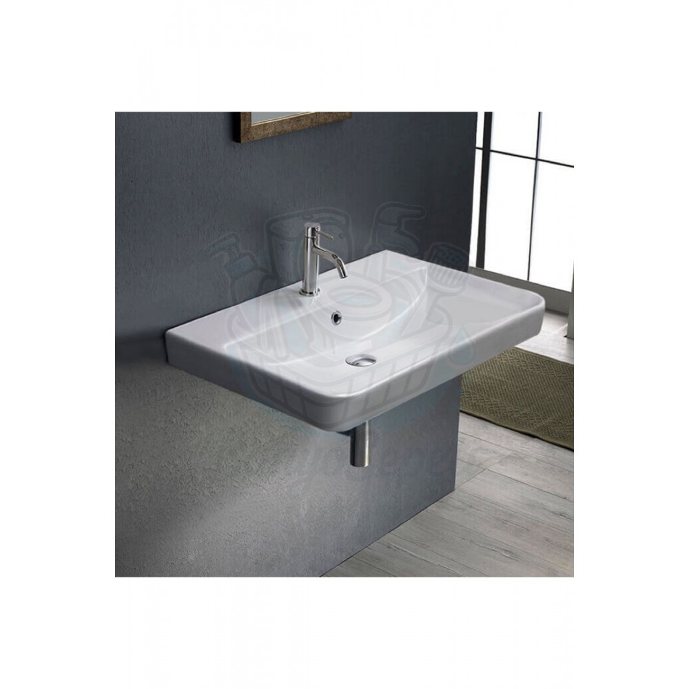 ModeraFit Armatür Delikli Duvara Monte & Mobilya Uyumlu Seramik Lavabo – 60x48 cm, Beyaz