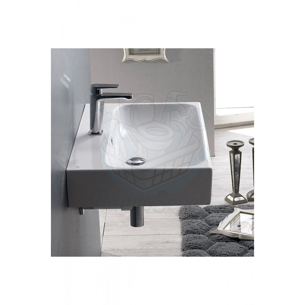 ModeraMax Etajerli Duvara Monte & Tezgah Üstü Armatür Delikli Seramik Lavabo – 75x47 cm, Beyaz