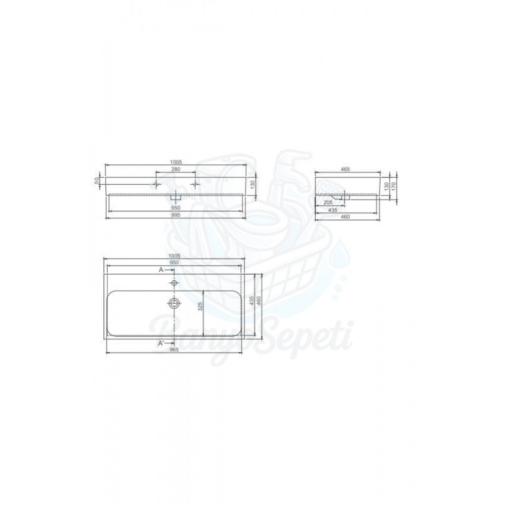 ModeraUltra Etajerli Duvara Monte & Tezgah Üstü Armatür Delikli Seramik Lavabo – 100x47 cm, Beyaz