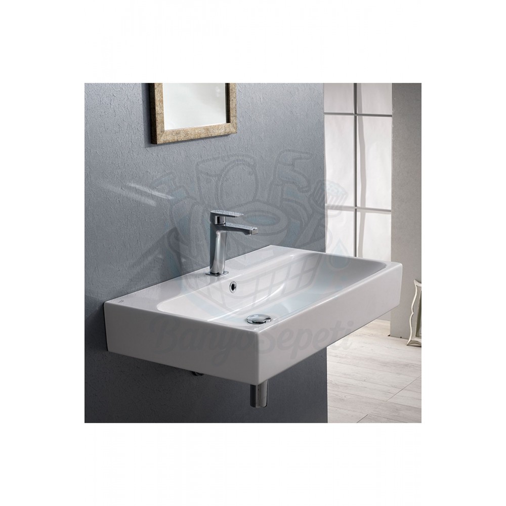 ModeraMax Etajerli Duvara Monte & Tezgah Üstü Armatür Delikli Seramik Lavabo – 75x47 cm, Beyaz
