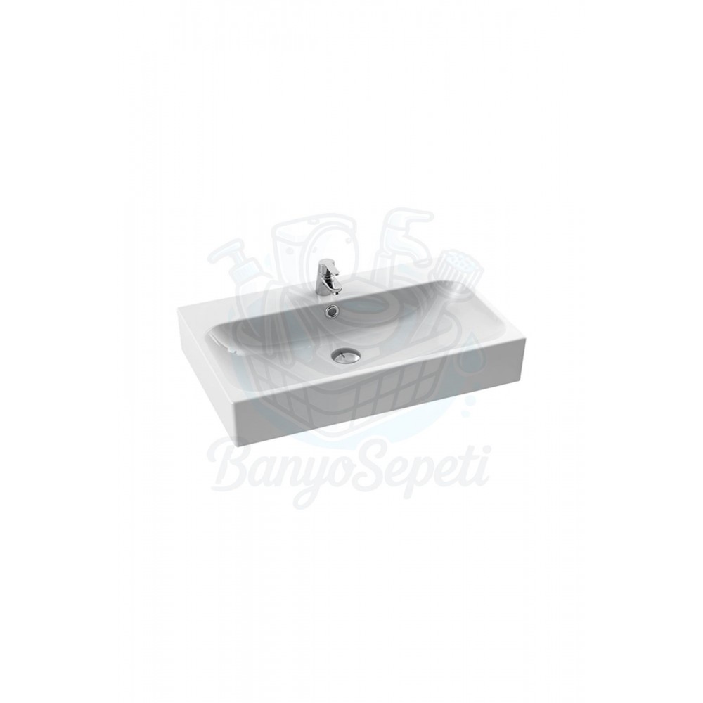 ModeraMax Etajerli Duvara Monte & Tezgah Üstü Armatür Delikli Seramik Lavabo – 75x47 cm, Beyaz