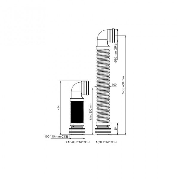 Boden 660 mm Gömme Rezervuar Çift Kelepçeli ve Körüklü Pis Su Çıkış Dirseği