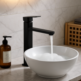 BlackEdge Mat Siyah Çanak Lavabo Bataryası – Mat Siyah, Şık Kare Tasarım Lavabo Bataryası